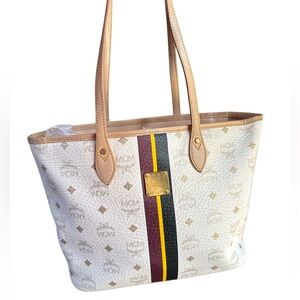 MCM White and Tan Visetos Tote Bag With Racing Stripes